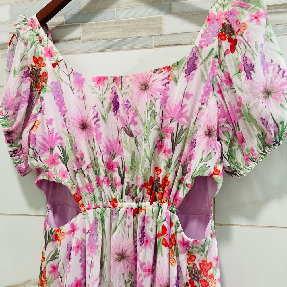 Taylor Pink Floral Cut-Out Puff Sleeve Mini Dress Size 2 - Picture 7 of 9